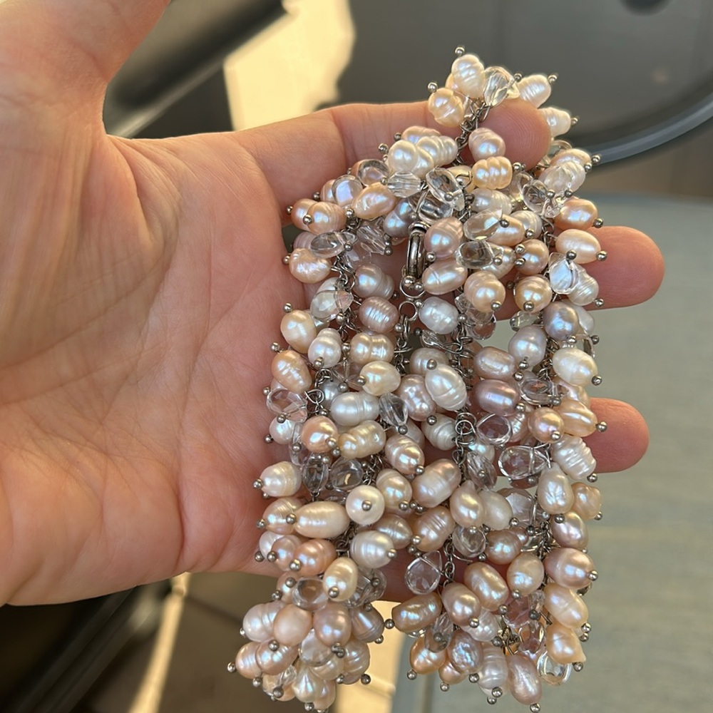Beautiful vintage handmade necklace genuine pink,white fresh water pearls, 925 s